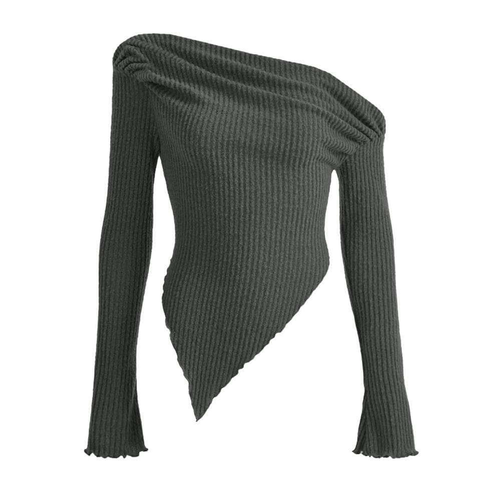 Women Knitting Tops Sexy Sloped Shoulder Collar Irregular Hem Pullover Tops Solid Color Ribbed Blouse S dark gray