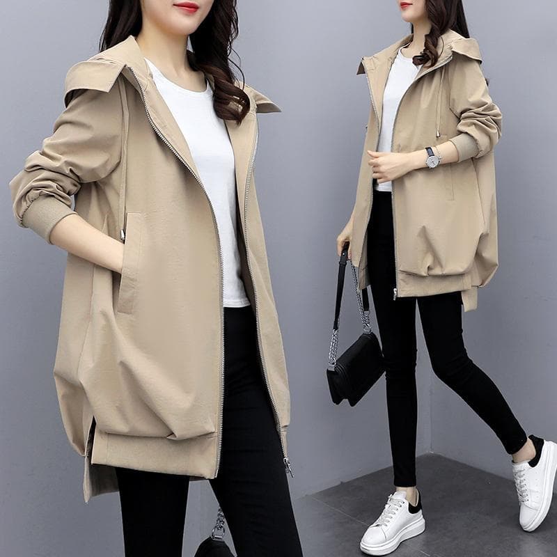 Spring Khaki Loose Casual Hooded Windbreaker Women's Mid To Long Black Temperament Jacket 3XL