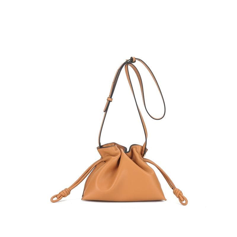 Small Lucky Bag for Women with Leather, A Bucket Bag That Can Be Carried Diagonally on One Shoulder, and A Drawstring Bag with Leather brown