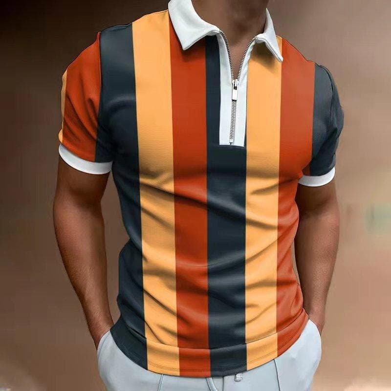 Striped Men's Office Zipper POLO Shirt Short-sleeved T-shirt 2XL yellow