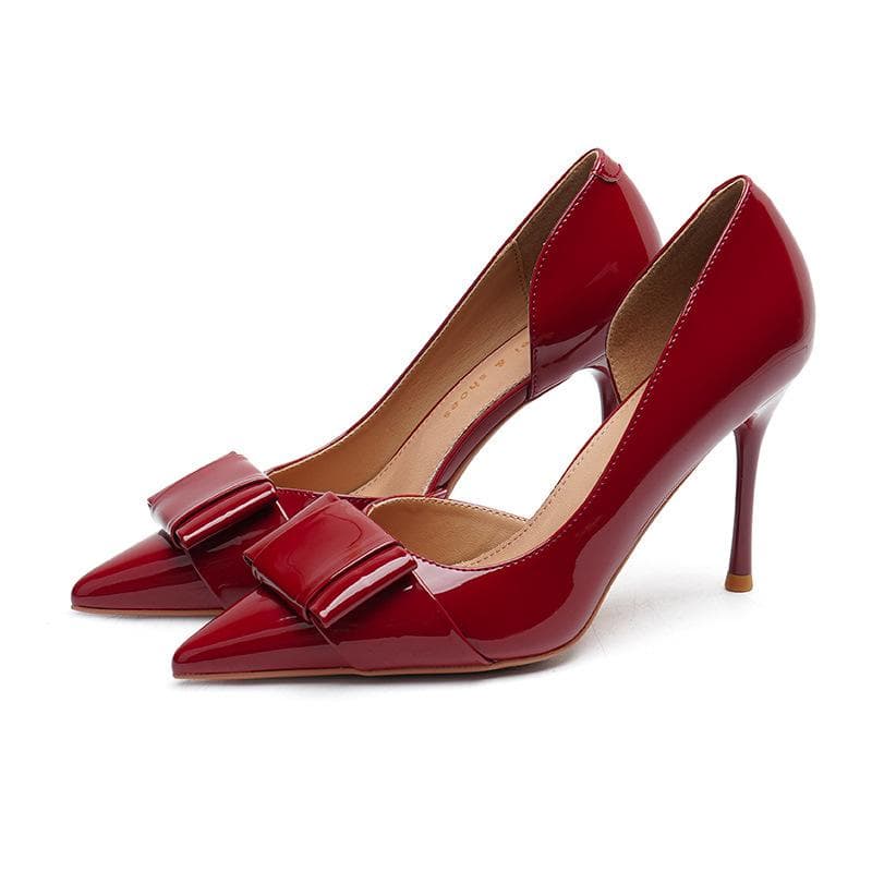 Pointed Stiletto Heel Women's High Heel Shoes  New Patent Leather Side Empty High Heel Pumps 37 red