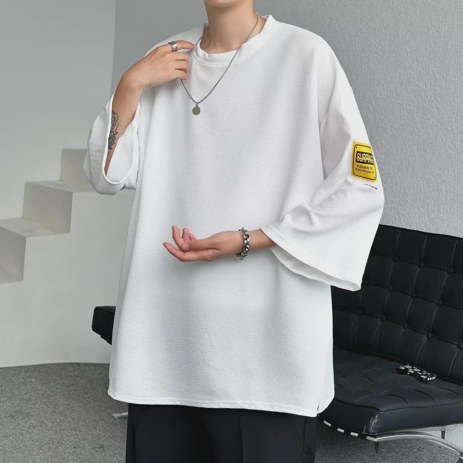 Men's Plus Size Loose-Fit Japanese Style Summer T-Shirt with 3/4 Sleeves M white