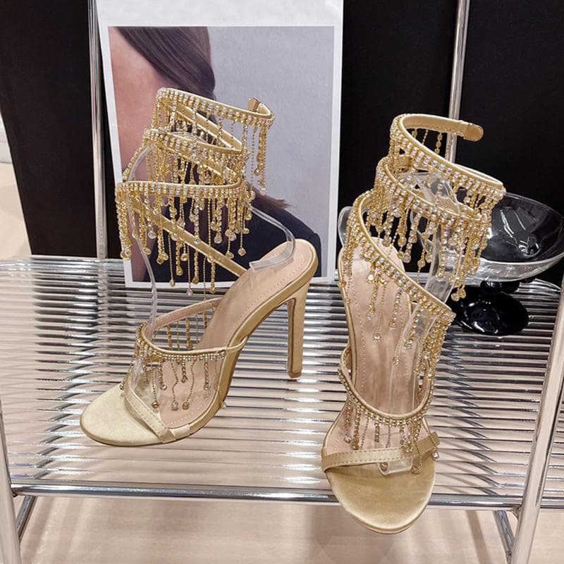 Liyke Elegant Women Wedding Banquet Shoes Fashion Crystal Tassel Twining Stiletto Sandals Sexy Open Toe Stripper Heels Golden 35 golden