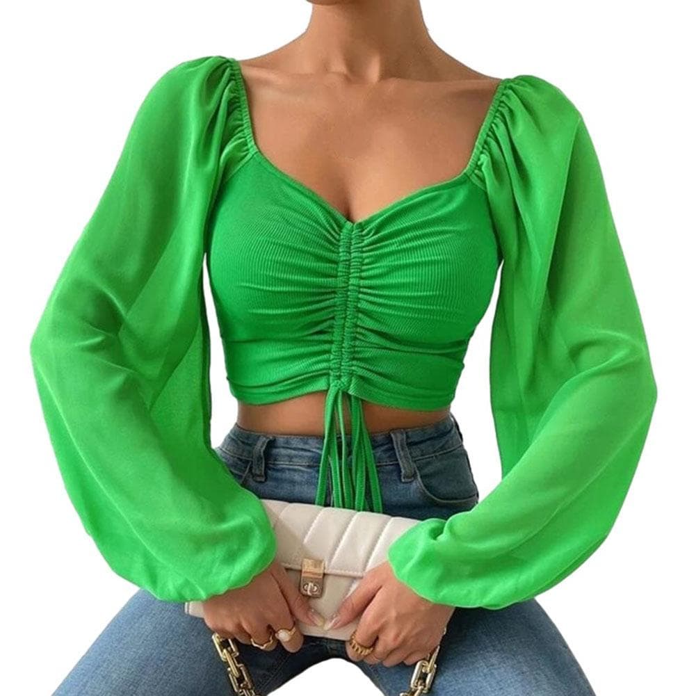 Women Tops Puff Sleeve Sexy Close-Fitting Drawstring V-neck Hot Tee Shirts M light green