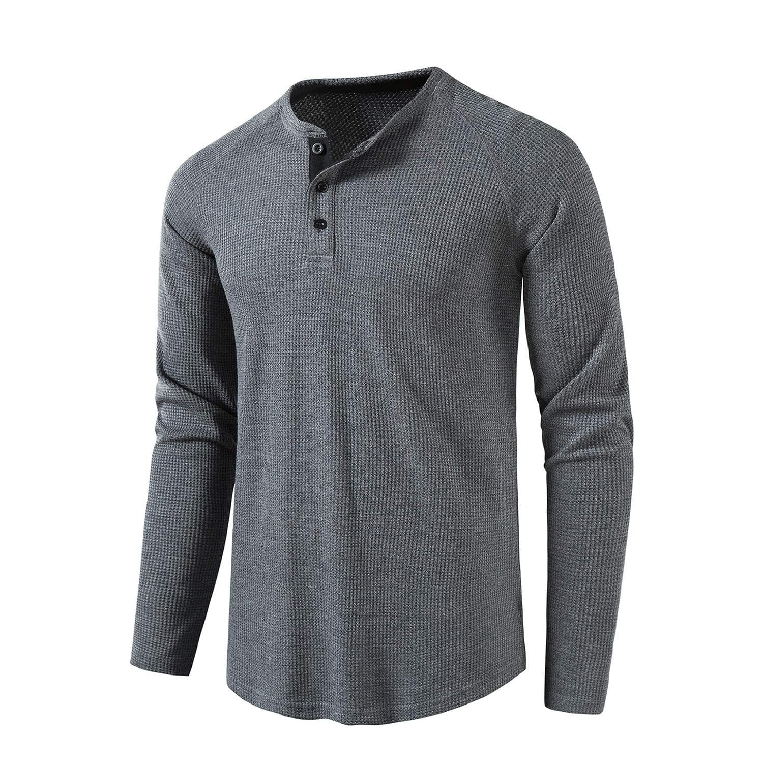 Men’s Waffle Henley Shirts Round Neck Long Sleeves T-Shirt Solid Color Casual Wear Autumn Winter Comfy Shirt M dark grey