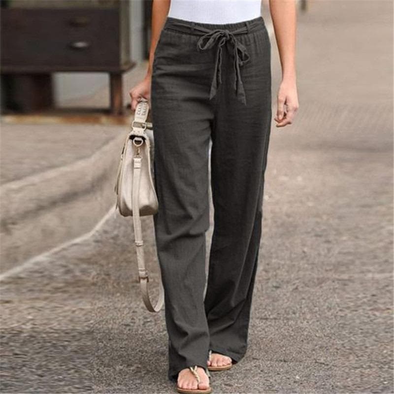 Summer Elastic Waist Solid Color Wide Leg Pants Loose Pants Female S gray