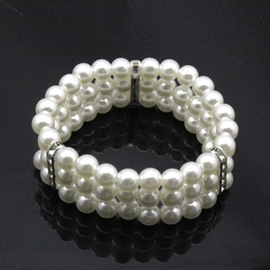 Fashion 3 Rows Faux Pearl Rhinestone Decor Elastic Stretchy Bangle Bracelet One Size white
