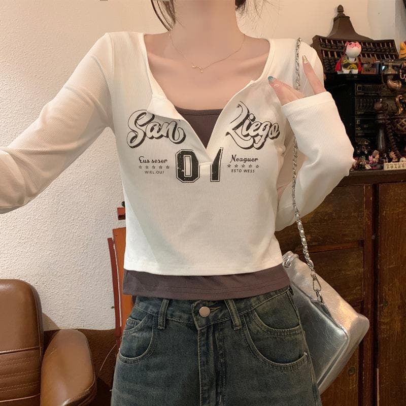 Retro Printed Fake Two-piece Long-sleeved T-shirt for Women's Spring Clothes New Style Women's Decorative Base Top 2XL