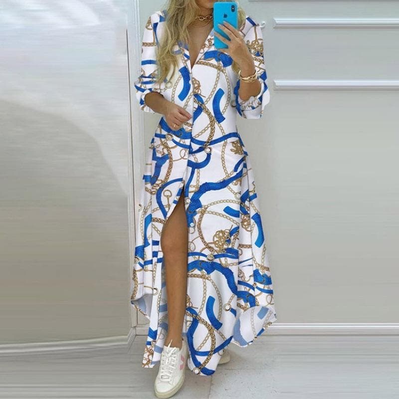 QICED Spring Women's Temperament Printed Single-breasted Split Shirt Dress Long Skirt M