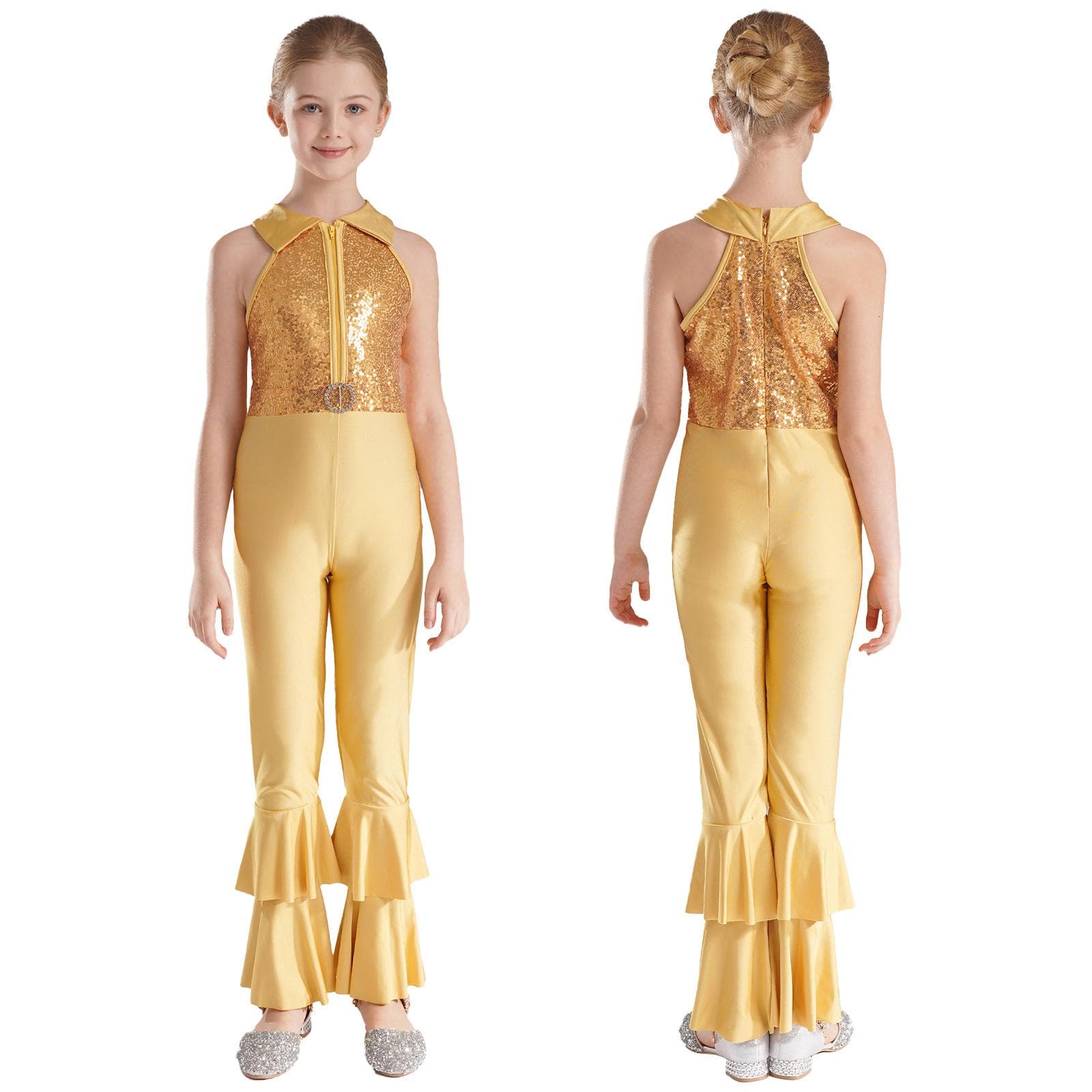 Kids Girls Bronzing Cloth One Piece Sleeveless Tiered Bell-bottom Pants Style Unitard Bodysuit Costumes 13-14 Years gold