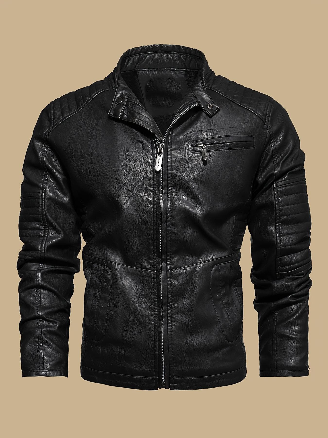 Vintage-Inspired Men's Faux Leather Jacket - Windproof, Warm Fleece Lined, Multi-Pocket Design for Motorcycle Riding & Casual Wear XXXXL black