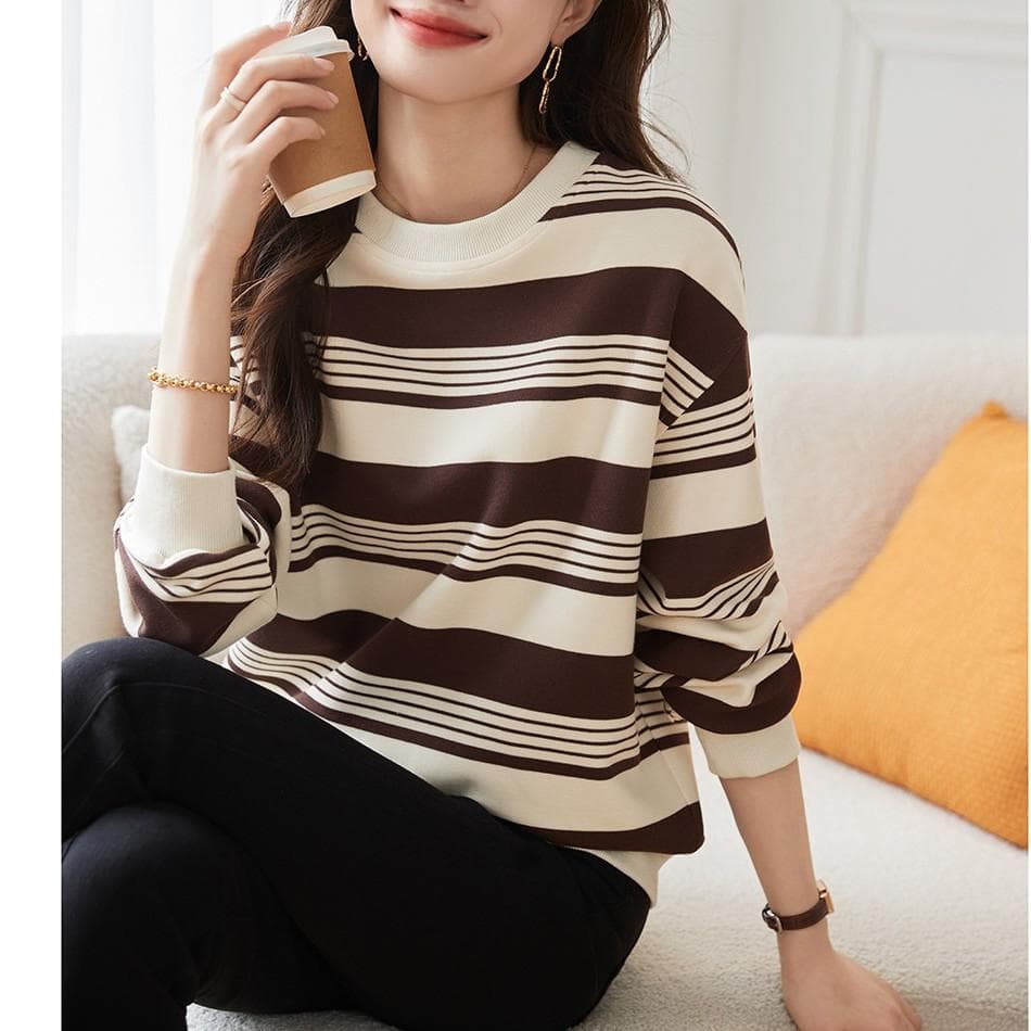 New Autumn Loose Striped Round Neck Sweatshirt for Women Versatile Long-sleeved Base Top Jacket 2XL