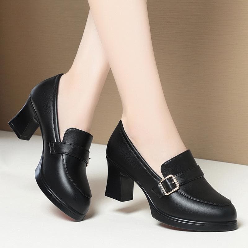 Comfortable Deep Mouth Soft Leather Anti-slip Shoes Platform Spring 2025 Women's Block Black High Heels Office Mother Shoes 36