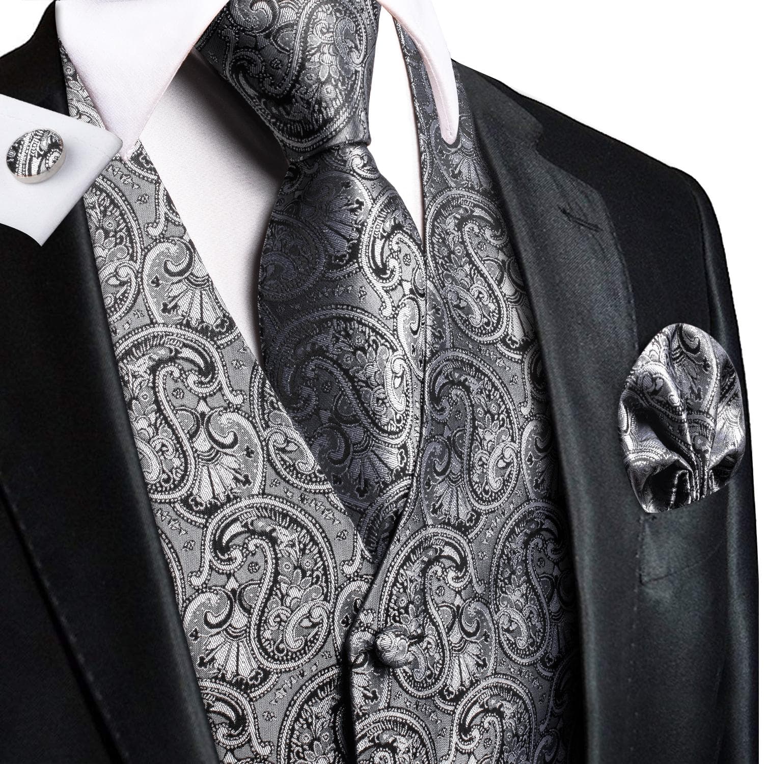 Hi-Tie Mens Waistcoat Silk Paisley Floral Tie Handkerchief Cufflinks SET Formal S