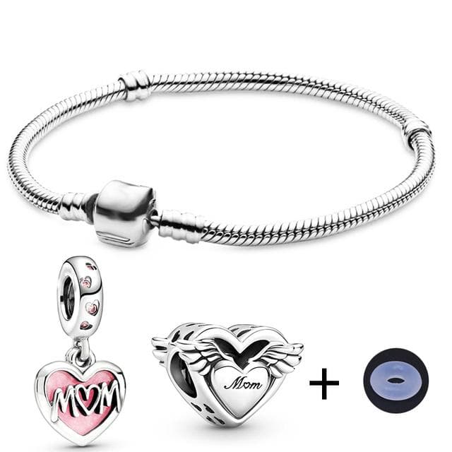 Silver Plating I Love Mom &Heart -Shaped Pendant Beads Charm Bracelets For Mom WomenBracelets Jewelry 21cm