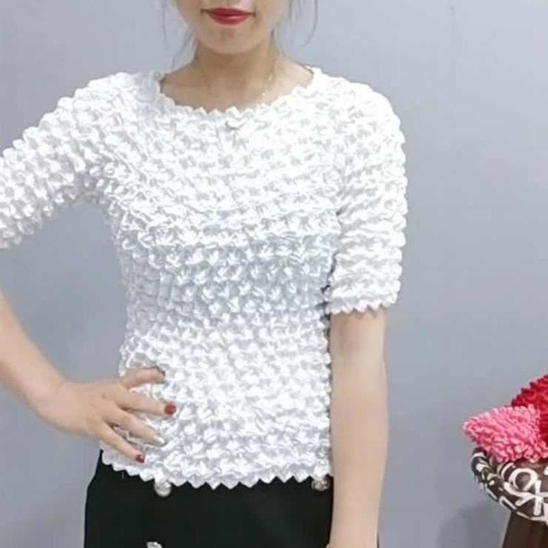 Women Casual T Shirts Pleated Pineapple Wrinkled Bubble Shirt Versatile Magic Suit Short Sleeve Solid Colorransparent Loose Hree-dimensional Top One size