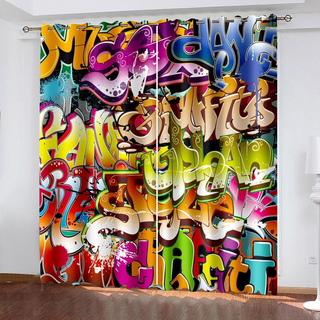 3D Digital Printing Abstract Art Curtain Graffiti 3D Printing Living Room Bedroom Decor Window Treatment Curtain 150W166H(CM)59x65in&Grommet Top