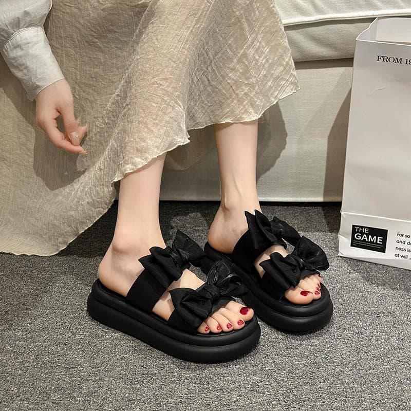 Thick Bottom Women's Sandals Summer New Butterfly-Knot Hook & Loop Non-slip Platform Sandal Casual Beach Shoe Sandalias 40 black