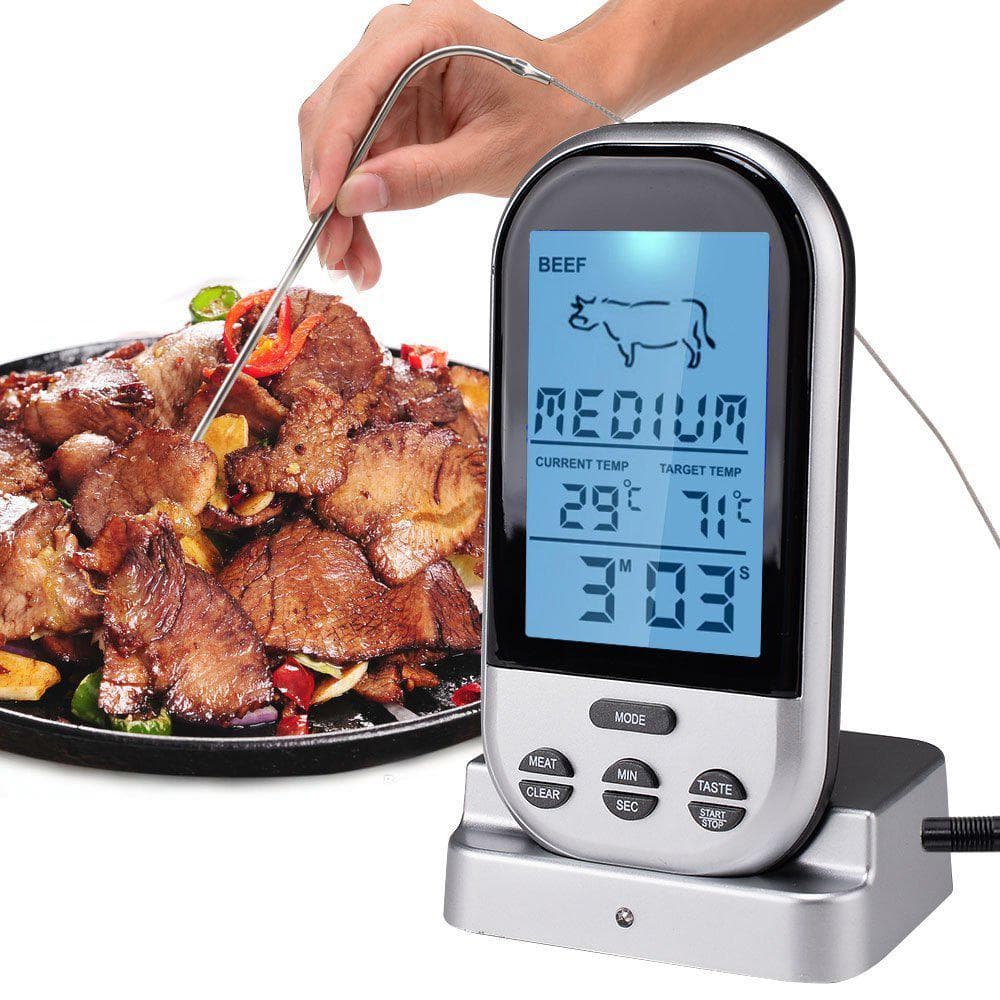 Digital Meat Thermometer Wireless Remote Food Thermometer for Meat Fish Timer Waterproof Smoker grey