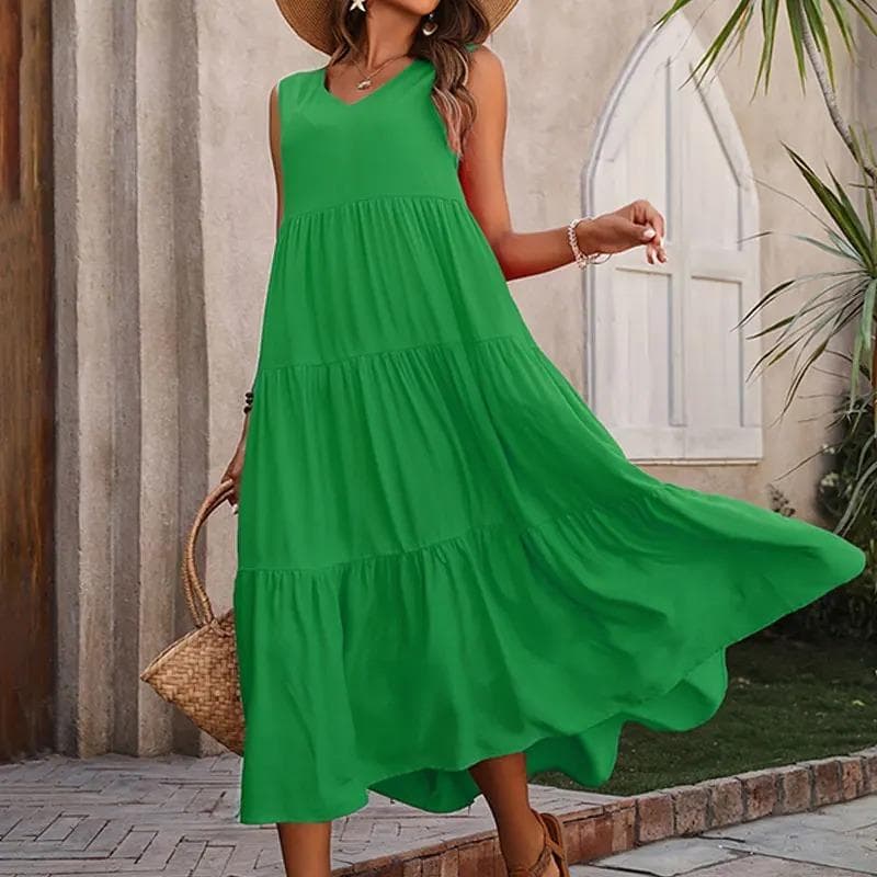 2025 Women Dress Summer Casual Vacation Holiday Beach Long Dresses V-neck Loose Elegant Yellow Black RUFFLES Dress Femme M green