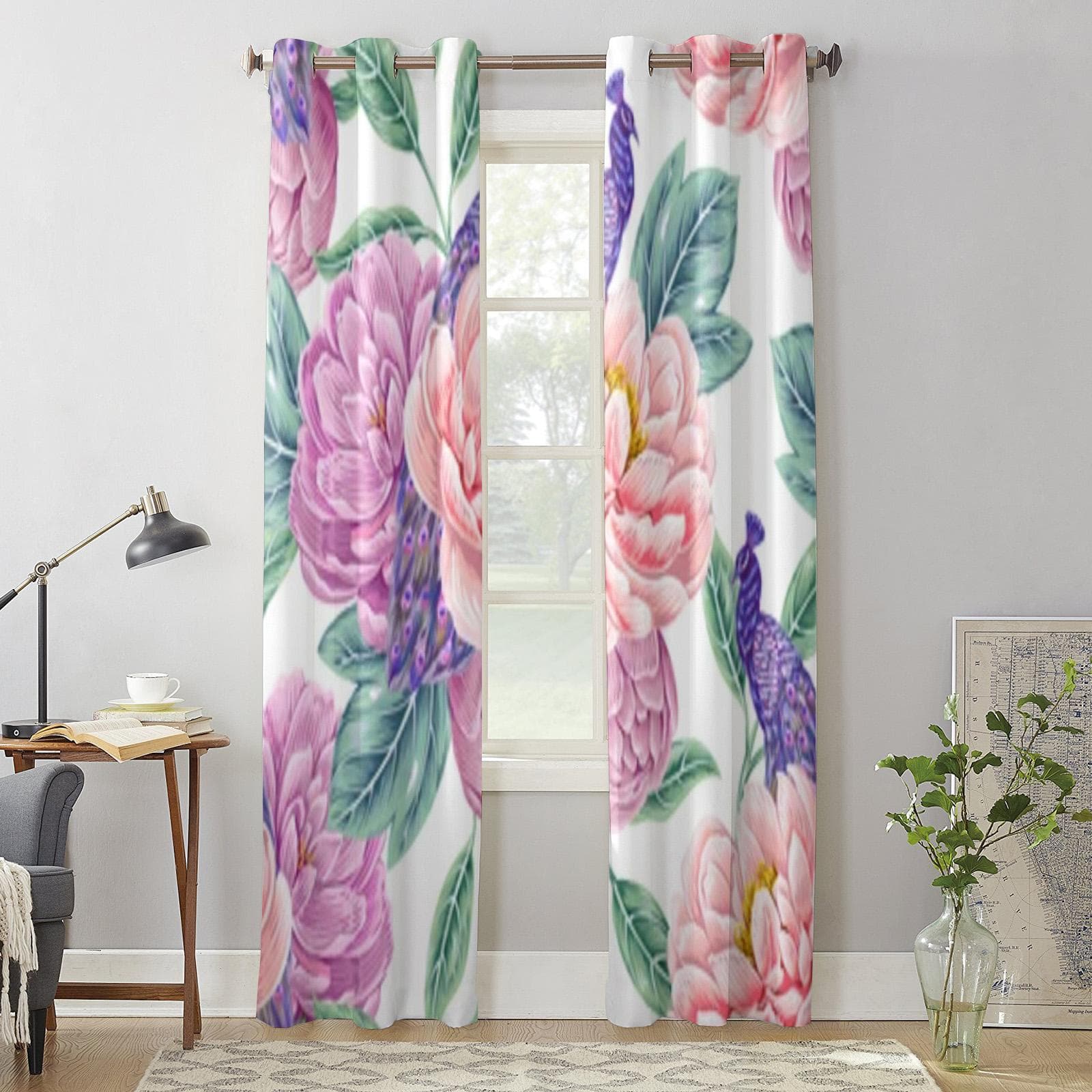 Blooming Flowers Peonies Leaves Peacock Window Curtains For Living Room Kitchen Modern Curtains Home Decor Blinds Drapes 135W x 60H(cm) x1