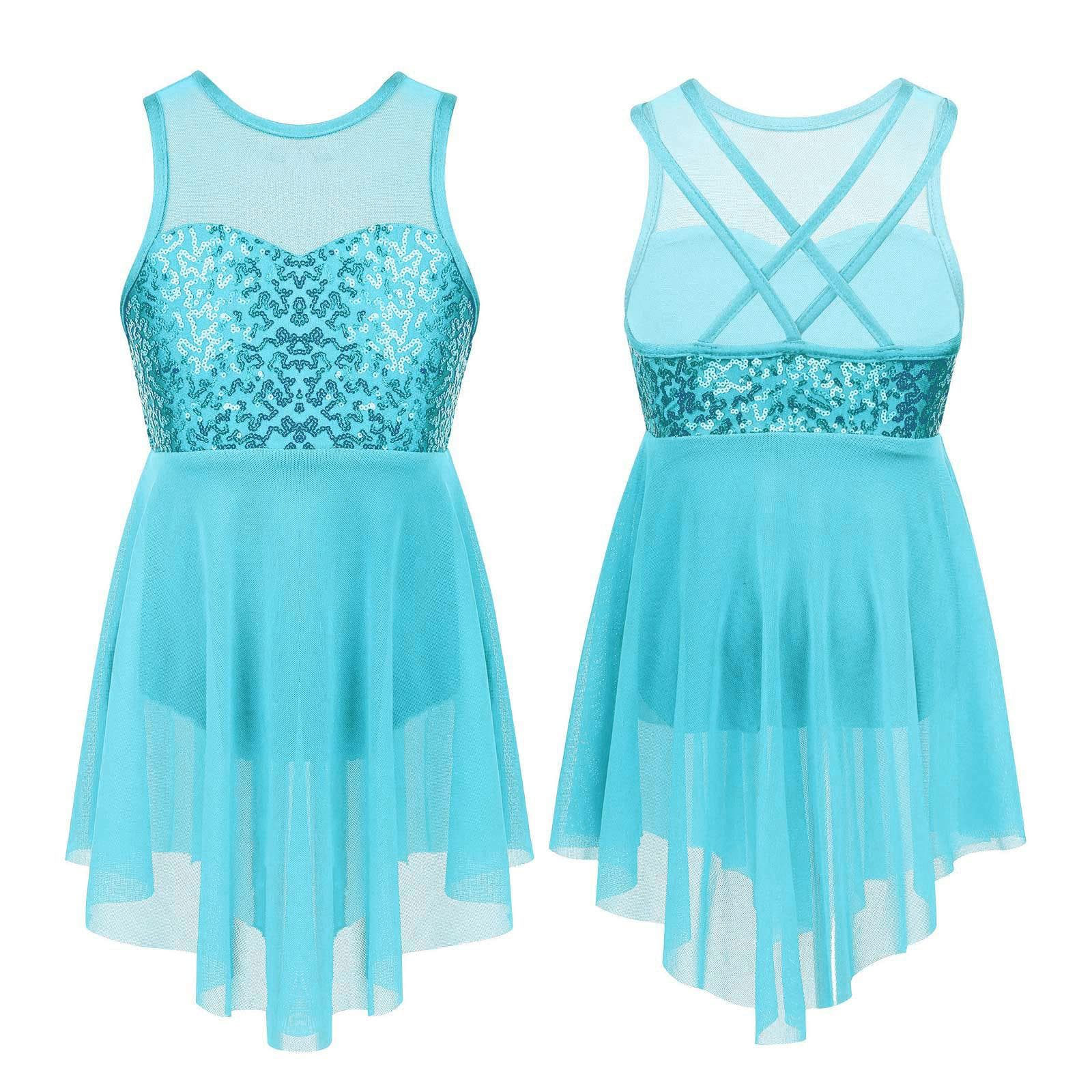 Kids Girls Ballet Dance Leotard Dress Sequins Criss-Cross Back Irregular Hem Lyrical Dance Costume Dress 7-8 Years light blue