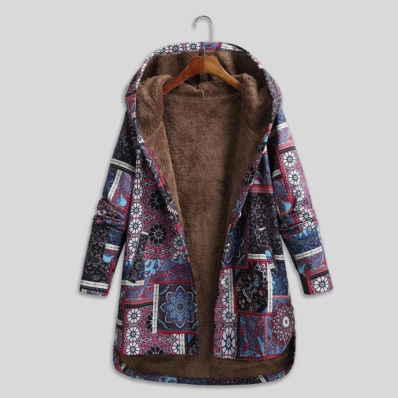 Women Vintage Loose Hooded Coat Floral Printed Fleeces Lining Buttoned Plus Size Winter Warm Parka 2XL purple