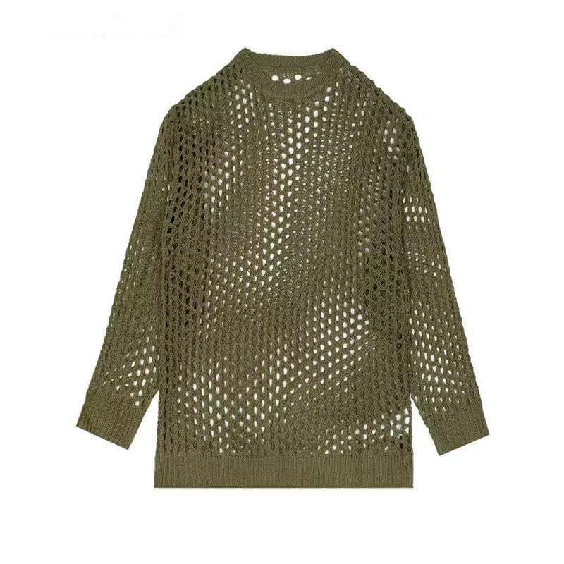 2024 Autumn Unisex Multi-Color Knit Sweater – Loose, Hollow, Mesh Round Neck Top XL