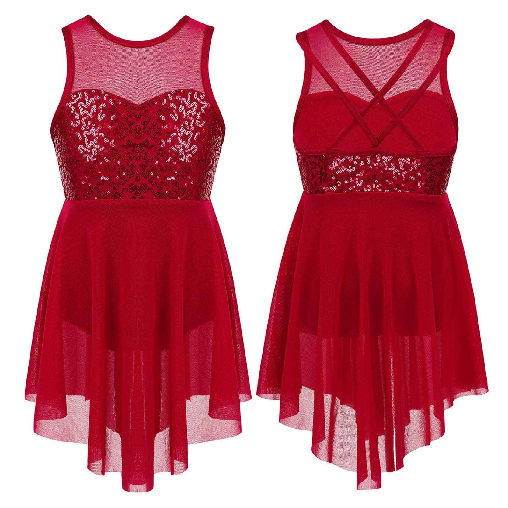 Kids Girls Modern Lyrical Dance Costumes Sleeveless Sequins Criss-Cross Back Ballet Irregular Leotard Dress 13-14 Years burgundy
