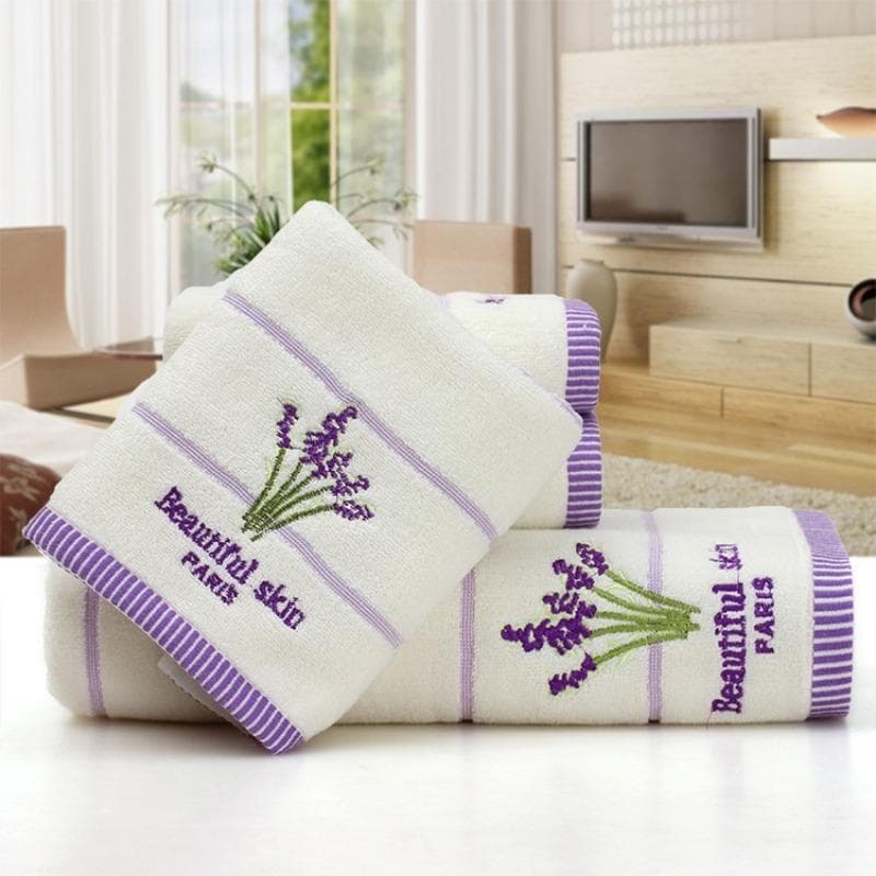 Lavender and Cream Aromatherapy Cotton Bath Towel Set with Embroidery Design