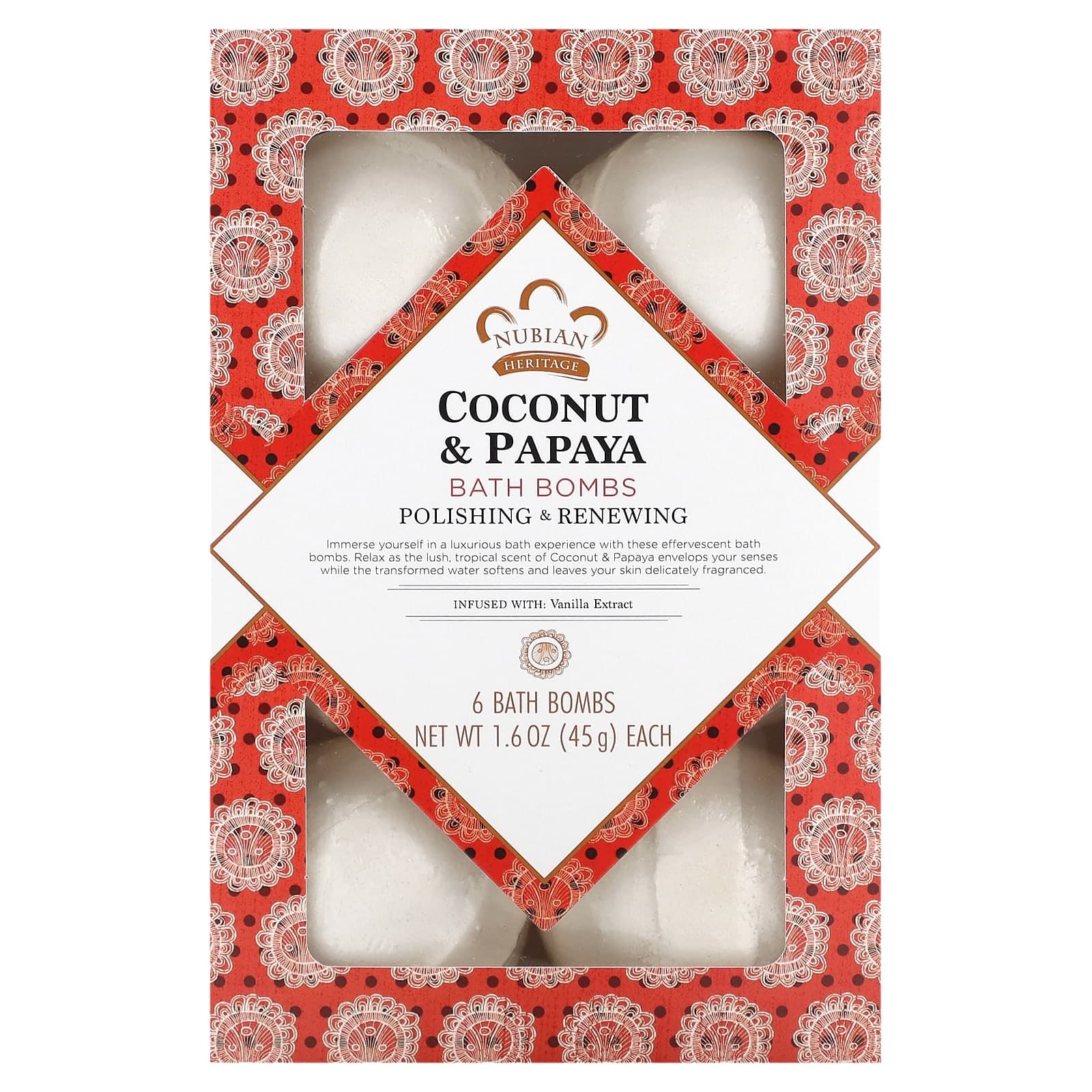 Nubian Heritage, Bath Bombs, Coconut and Papaya, 6 bath bombs, 1.6 oz (45 g) each