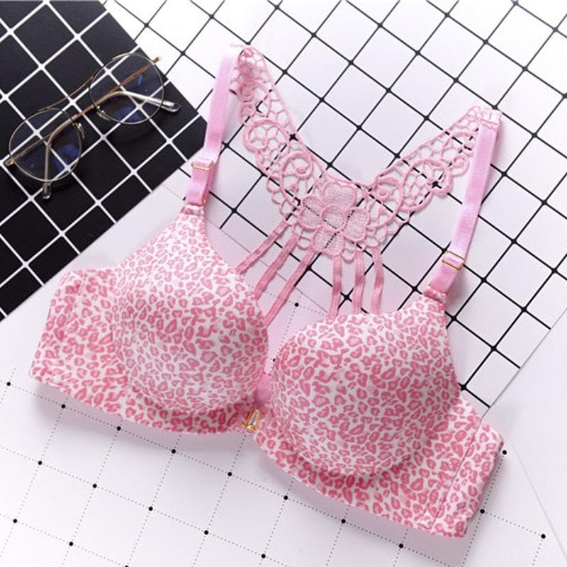 Women's Bra Front Buckle Underwear Lace Sexy Leopard Print No Underwire Beauty Back Bra 34/75AB leopard