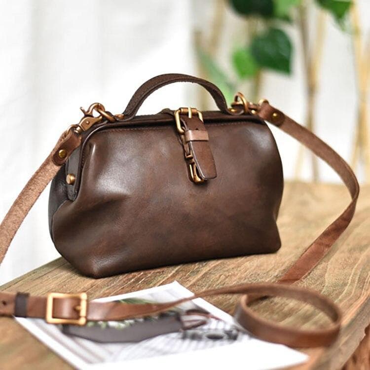 Johnature Vintage Doctor's Bag Genuine Leather Women Handbag Simple Solid Color Real Cowhide Shoulder & Crossbody Bags coffee