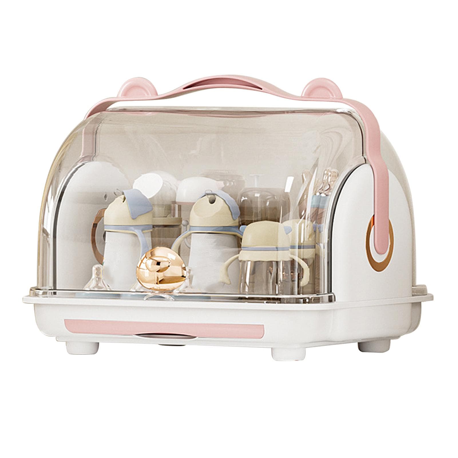 Baby Bottle Storage Box with Lid Dustproof Drying Rack Plastic Cabinet Organizer for Toddler pink