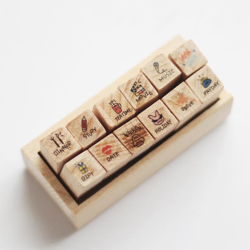 12 Pc/Set Retro Cartoon Wooden Rubber Stamps Small Cute Life Travel Week Heart Rubber Seal Scrapbooking Planner Decorative Stamp