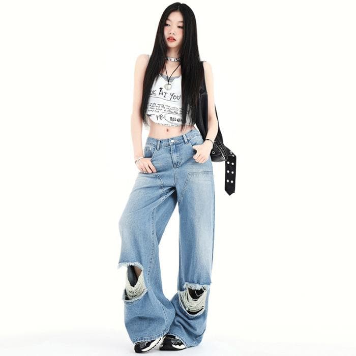 Ripped Jeans for Women In Spring and Summer Personality Temperament Lazy Feeling Old Wide-leg Pants for Women In Spring and Summer XL