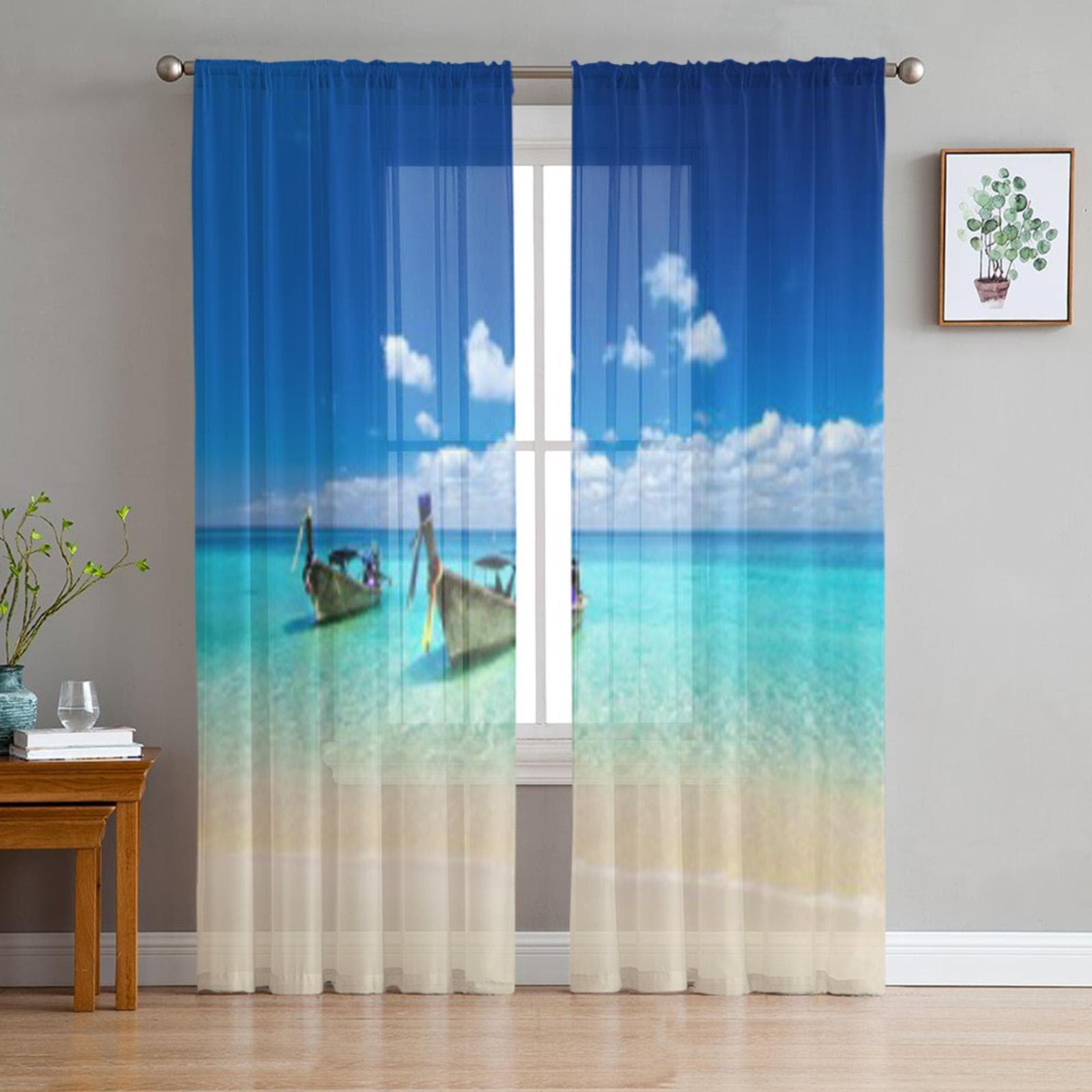 Blue Caribbean Sea Tulle Sheer Curtains for Living Room Decoration Curtain for the Room Bedroom Kitchen Voile Organza Curtains 135W x 114H(cm)