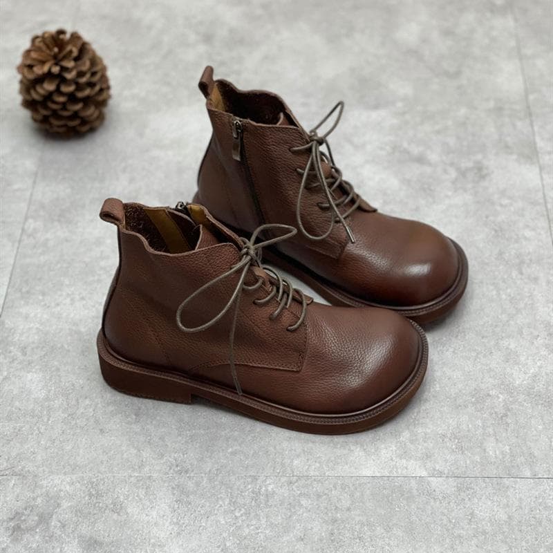 Johnature Genuine Leather Winter Boots Women Shoes Zip Round Toe Flat With Handmade Leisure Sewing Ankle Ladies Boots 35 coffee