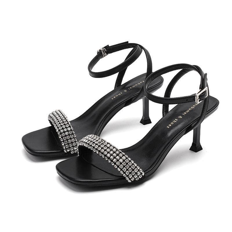 Sexy Rhinestone High Heeled Sandals Summer Square Toe Stiletto Women's Shoes One Line with Sandals Women 39 black