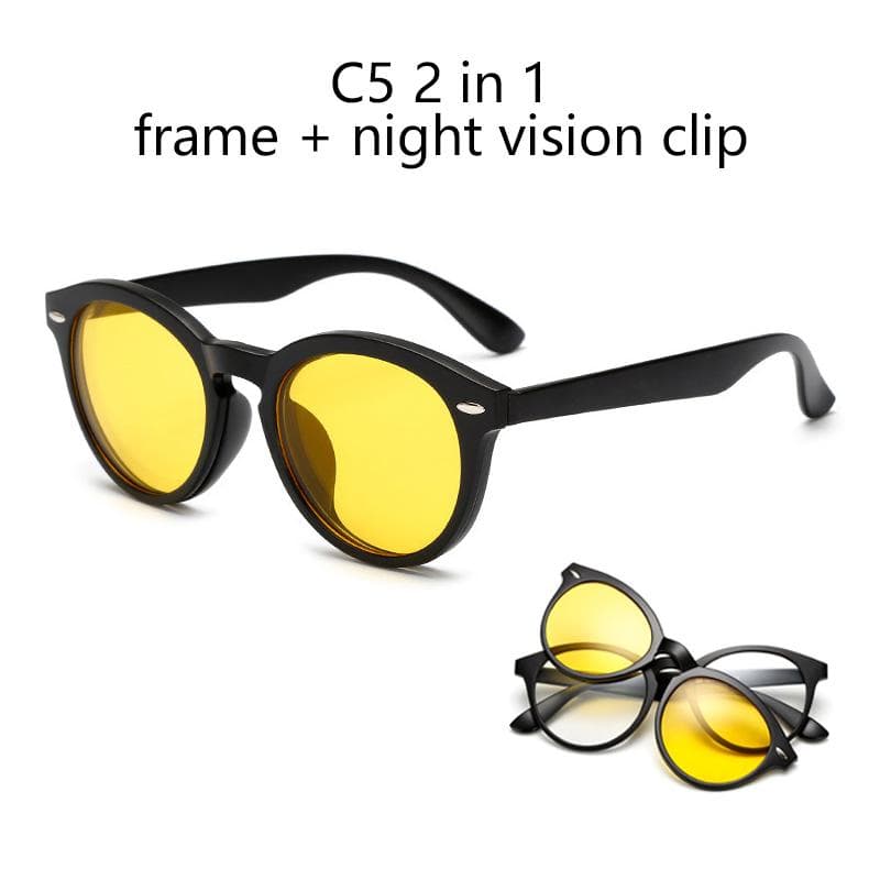 1/6 Black Clip-On Round Oval Plastic Frame With 5 PCS Magnetic Sunglasses For Men Optical Glasses SHOW AS PICTURE