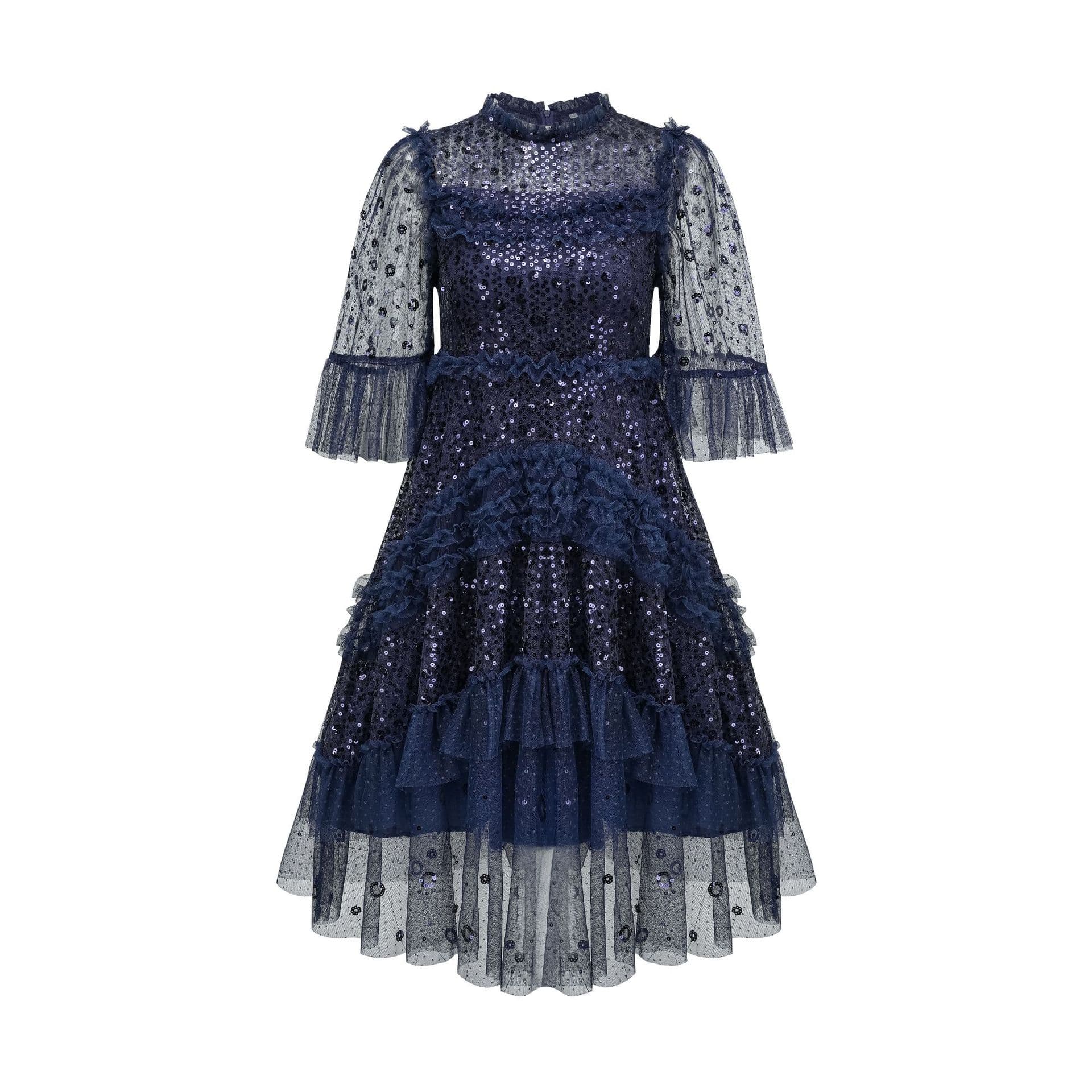 Heavy Crafts Short Dress with Round Neck Shiny A-line Skirt Birthday Party Dress Skirt L blue