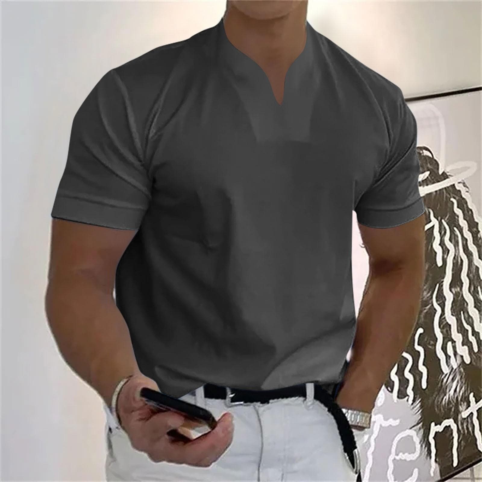 Men's Casual Solid Color V-Neck Gentleman's Business Short Sleeve Fitness T-Shirt XL