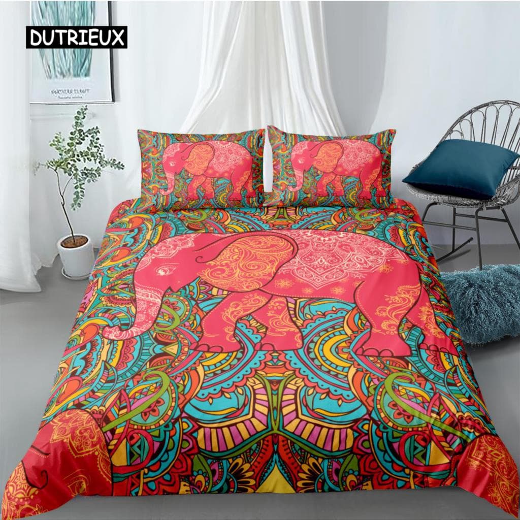 Elephant Duvet Cover Set Bohemian Style Decorative Quilt Cover Set Soft Microfiber Double Queen King Size Polyester Bedding Set 140x200cm 3pcs