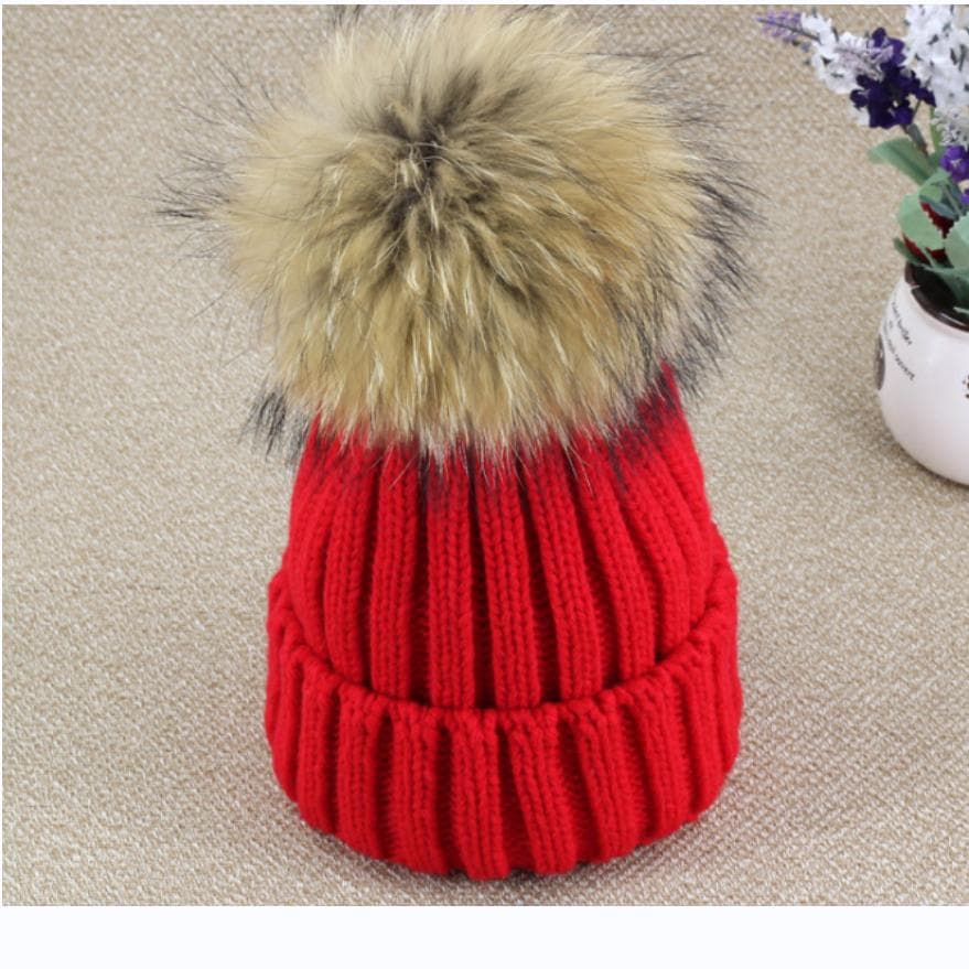 2023Hot Women Winter Racoon Fur Pom Pom 15cm Ball Knit Beanie Ski Cap Bobble Hat red