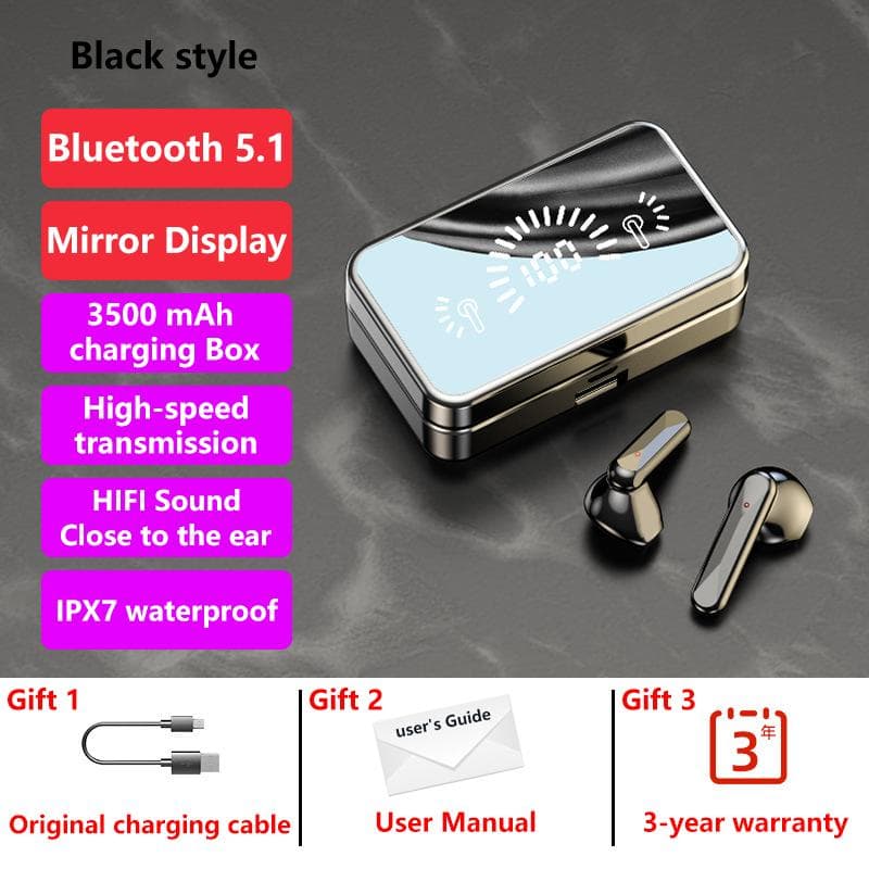 New TWS Bluetooth 5.1 Earphones 3500mAh Charging Box Wireless Headphone 9D Stereo Sports Waterproof Earbuds Headsets HIFI Stereo IPX7 black