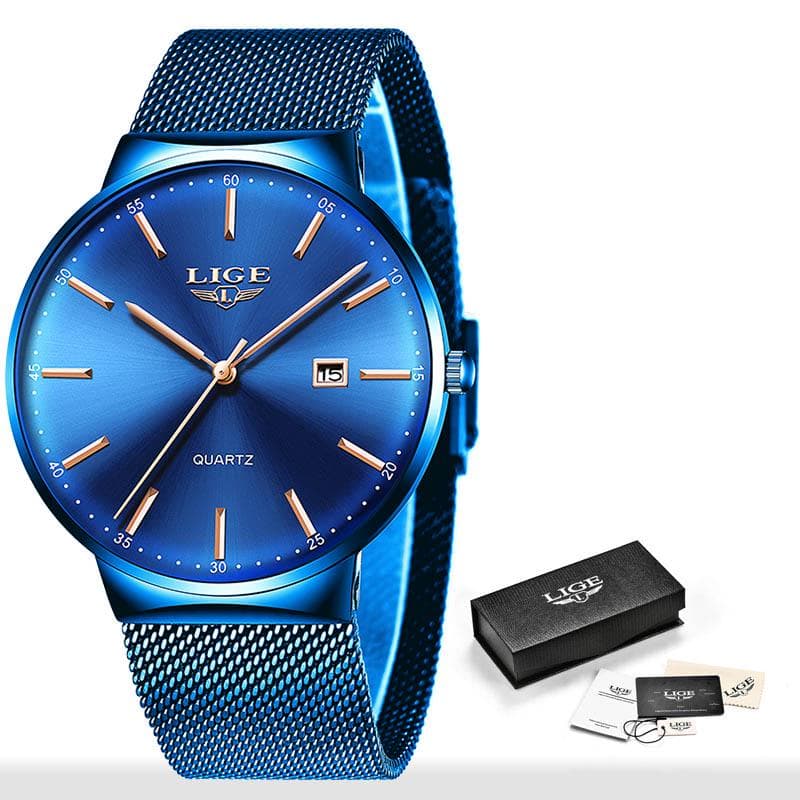 LIGE Womens Watches Top Brand luxury Analog Quartz Watch Women Full Blue Mesh Stainless Steel Date Clock Fashion Ultra-thin Dial blue