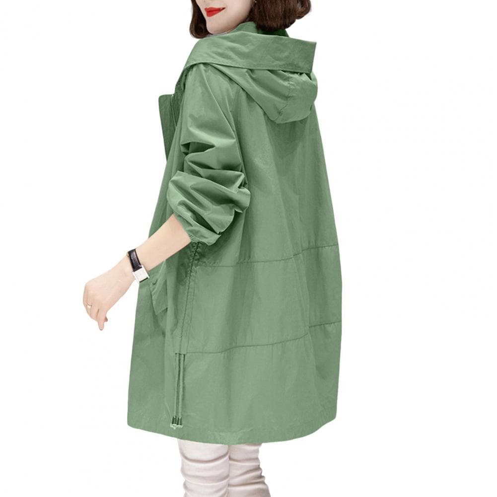 Fall Spring Women Coat Hooded Zip-up Long Sleeves Loose Cardigan Drawstring Mid Length Overcoat with Pockets Thin Daily Wear Wor M green