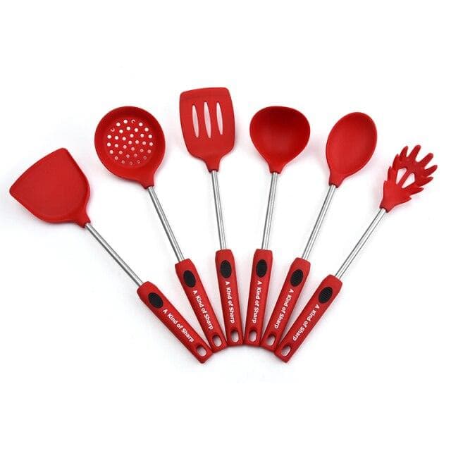 Kitchen Cookware Silicone Kitchenware Non-stick Cookware Cooking Tool Spatula Ladle Egg Beaters Shovel Spoon Soup Utensils Set red
