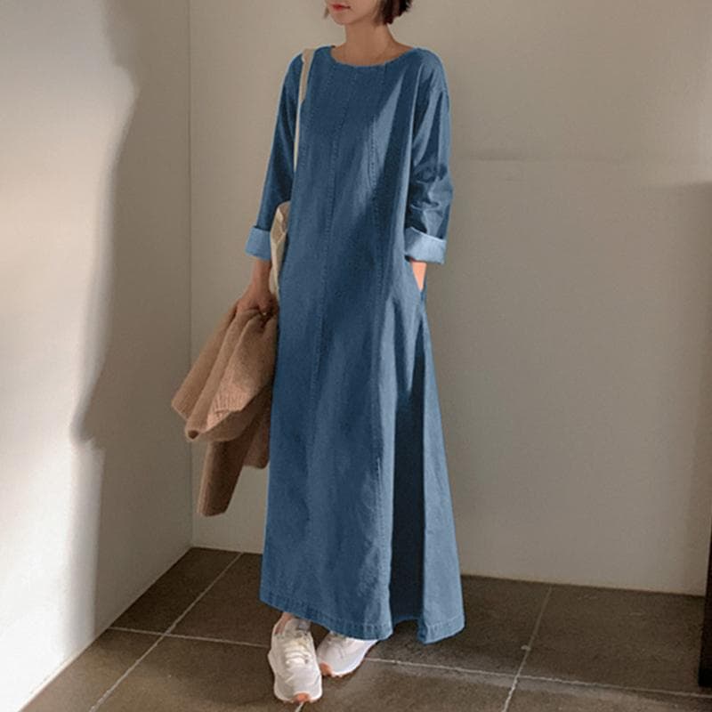 ZANZEA Women Retro Casual Blue Denim Long Sleeve O-neck Loose Long Dress XL blue
