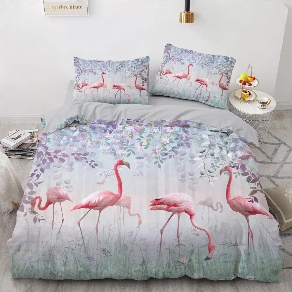Flamingo Duvet Cover King Queen 3D Pink Animal Bedding Set for Kids Teens Adults Watercolor Style Quilt Cover with Pillowcase EU Double 200x200cm